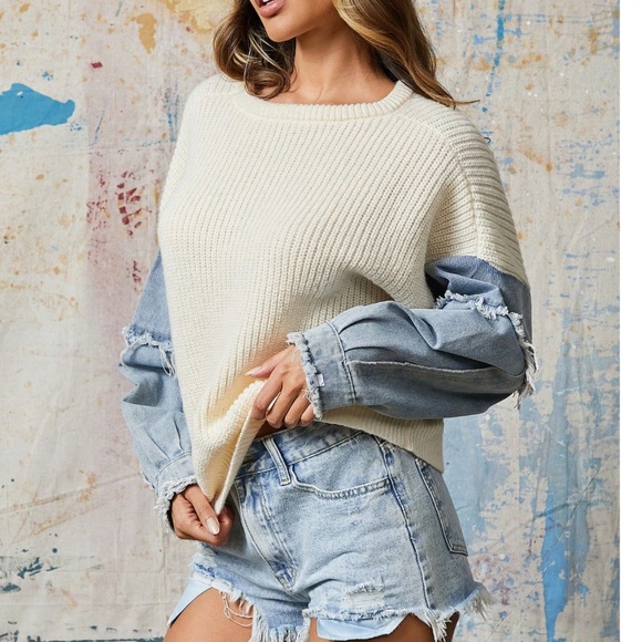 Western Light Wash Frayed Color Block Denim Jean Sweater - Picture 5 of 7